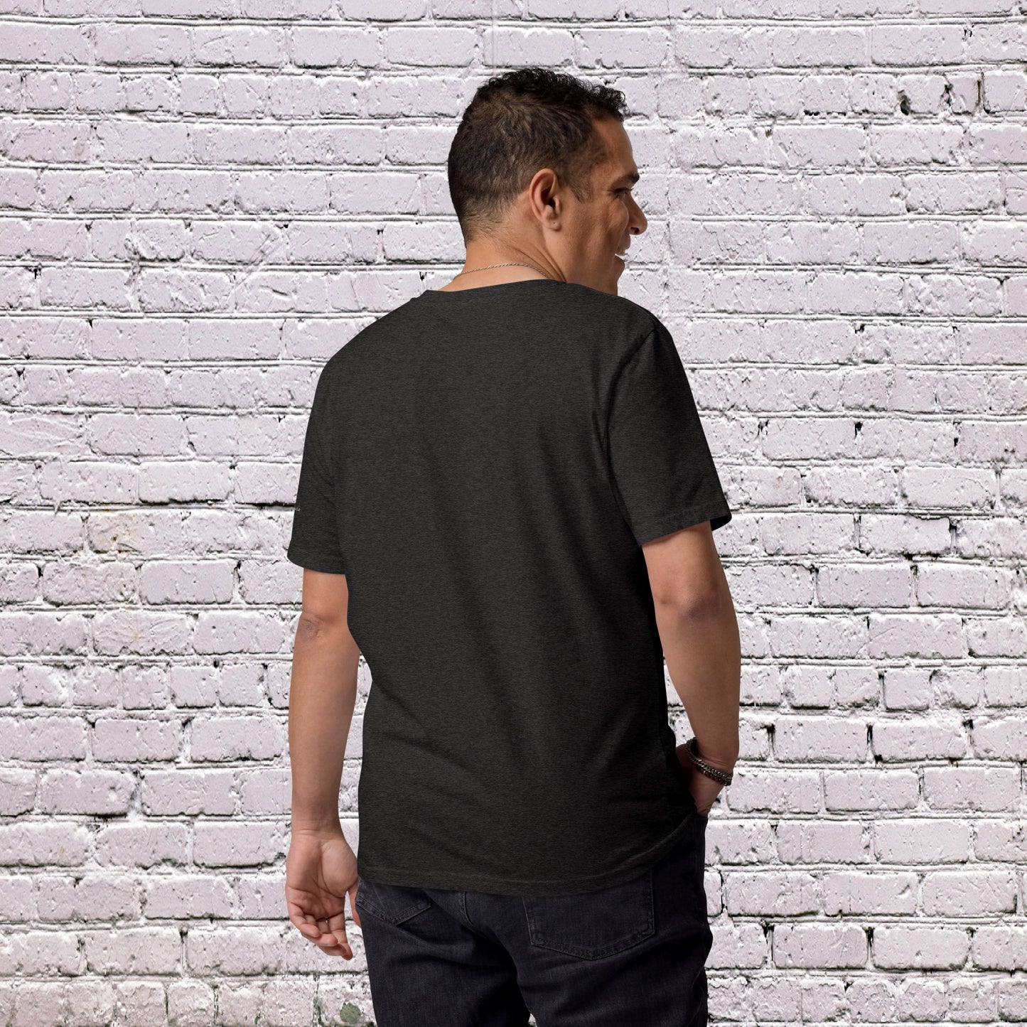 Male Model wearing UNCLASSD CORE Dark Grey Tee in studio training - back