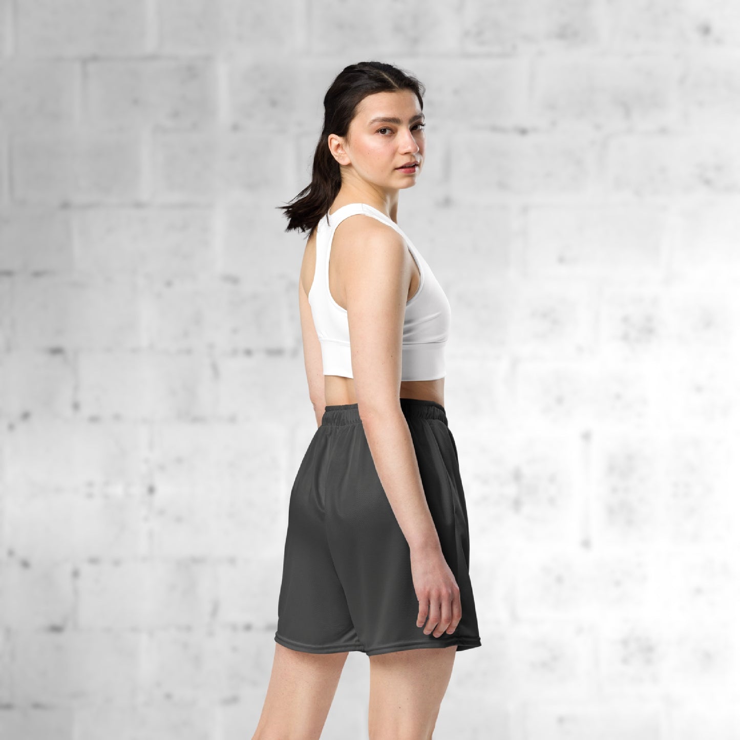 Model wearing navy core mesh dance sport short for studio dance practice