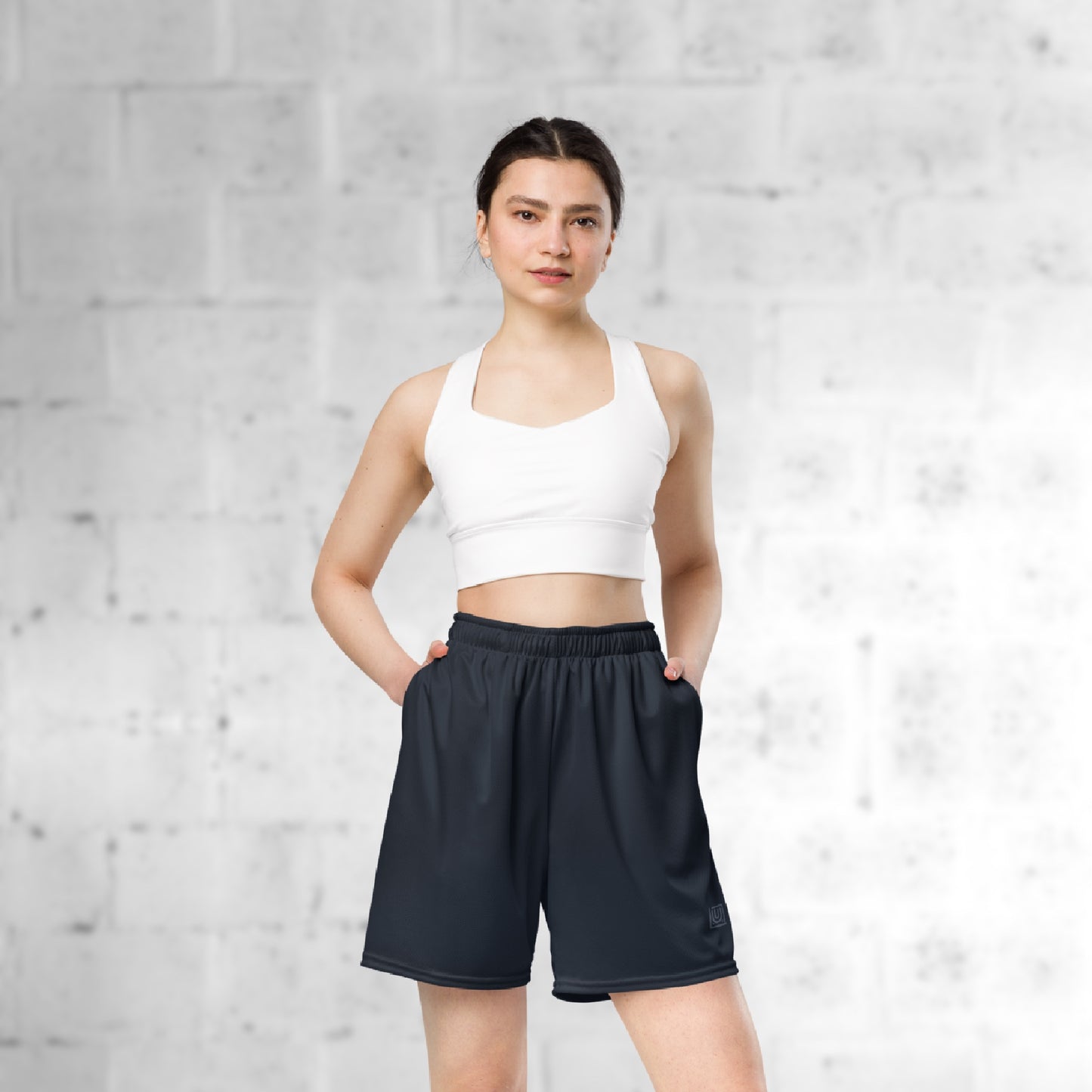 Model wearing navy core mesh dance sport short for studio dance practice