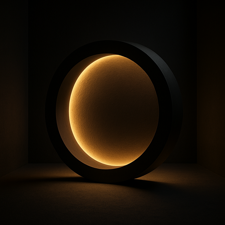 Abstract glowing circular form symbolizing a capsule drop, movement cycle and evolving creative phases.
