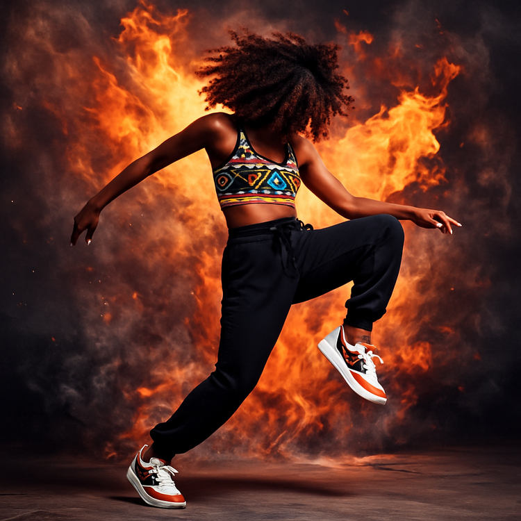 Dancer moving through expressive golden light trails, conveying energy, contrast, and vibrant motion.
