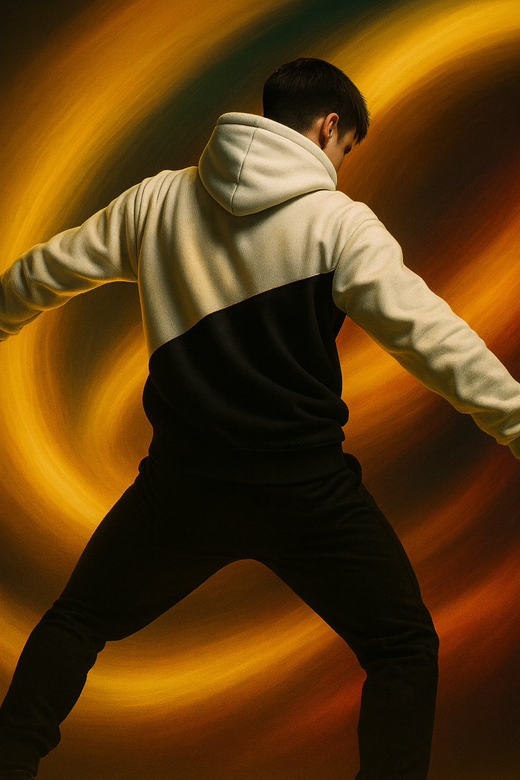 Dancer in mid-movement, shifting between softness and intensity, captured in a grey minimal environment.