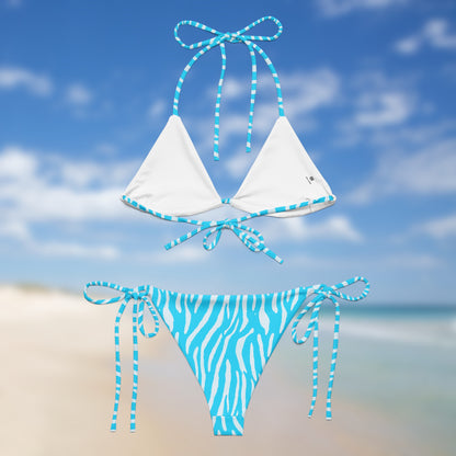 Back neon blue zebra triangle bikini with adjustable tie straps by Unclassd.