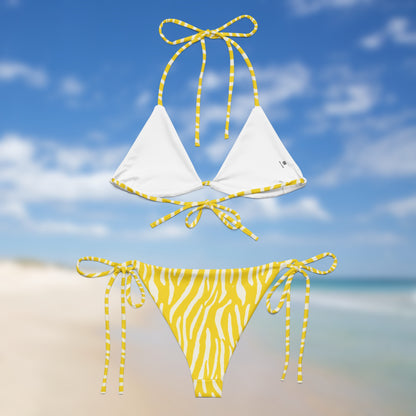 Back neon yellow zebra triangle bikini with adjustable tie straps and matching side-tie bottoms by Unclassd.