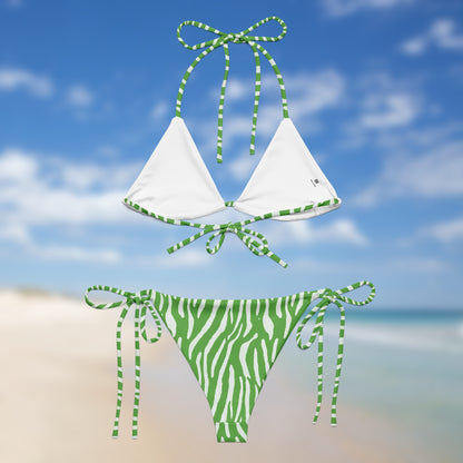 Back view neon green zebra triangle bikini with adjustable tie straps and matching side-tie bottoms by Unclassd.