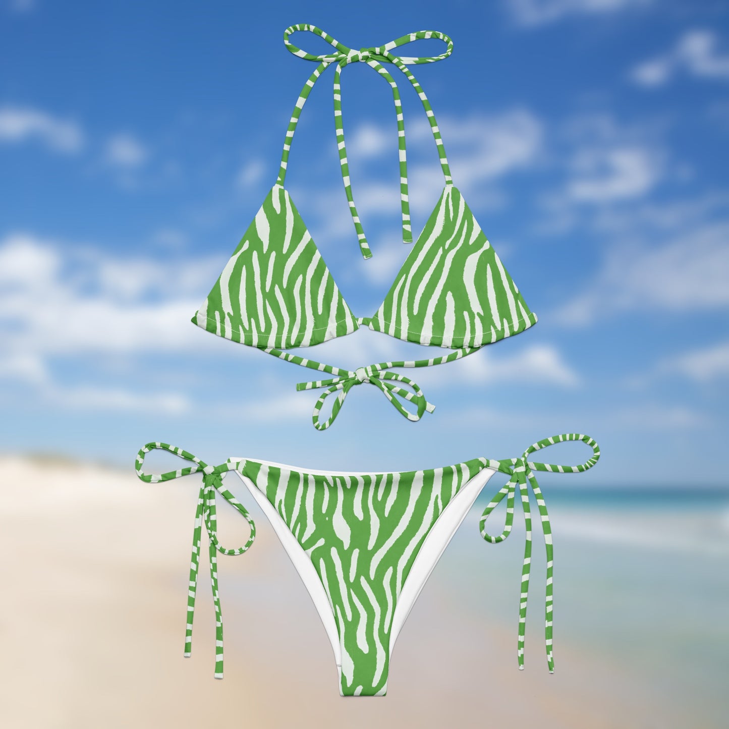 Front view neon green zebra triangle bikini with adjustable tie straps and matching side-tie bottoms by Unclassd.