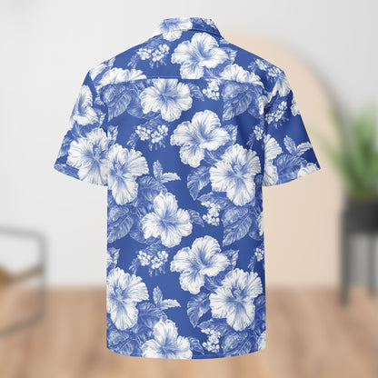 Chemise de festival florale monochrome bleue | Boutons unisexe