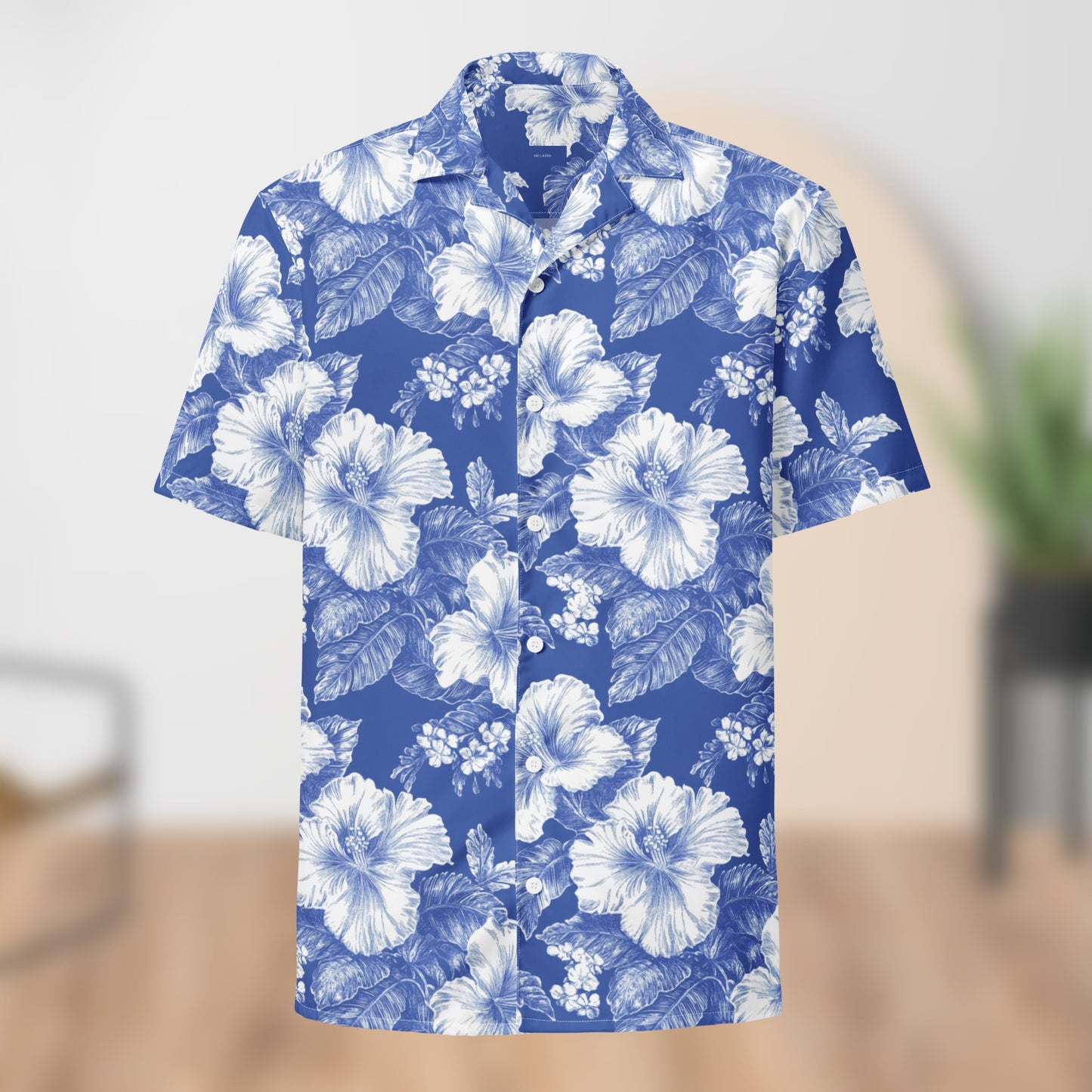 Chemise de festival florale monochrome bleue | Boutons unisexe