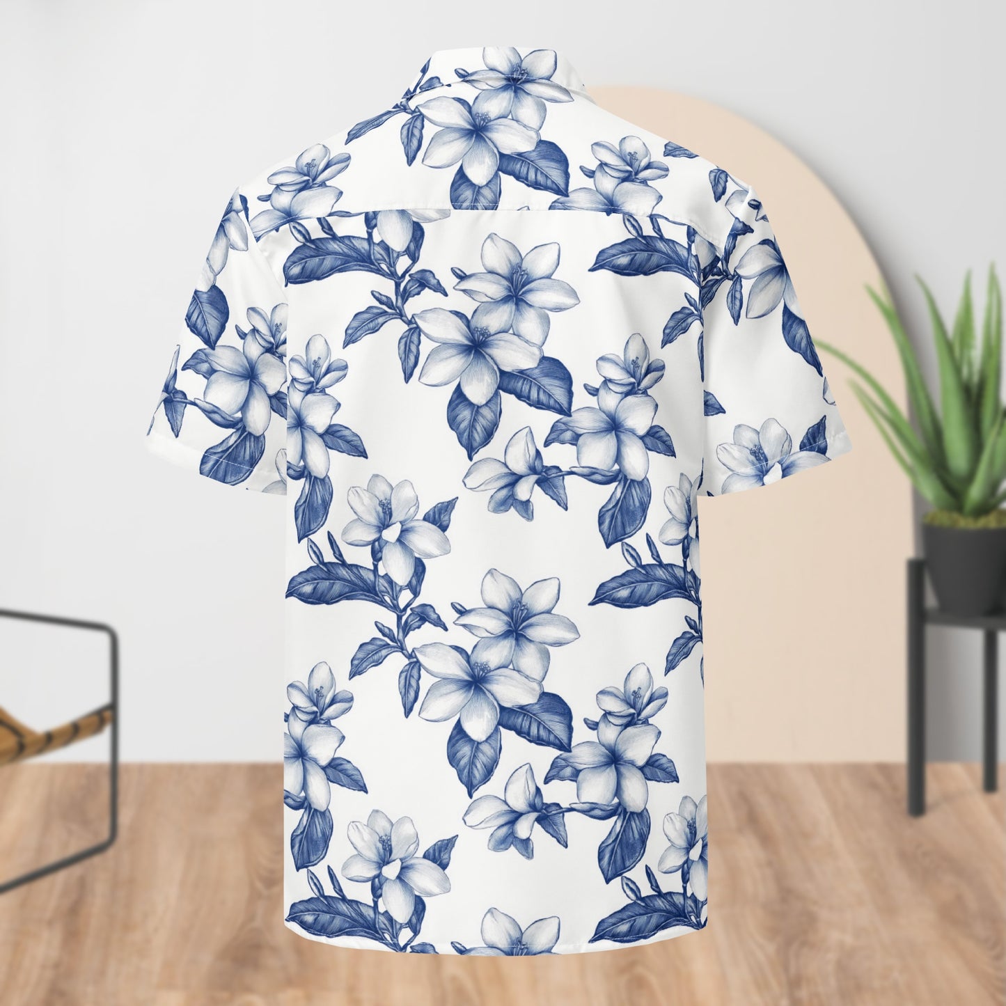 Chemise de Festival Fleurie Blanche et Bleue | Boutonnée Unisexe