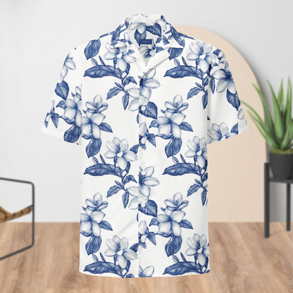 Chemise de Festival Fleurie Blanche et Bleue | Boutonnée Unisexe