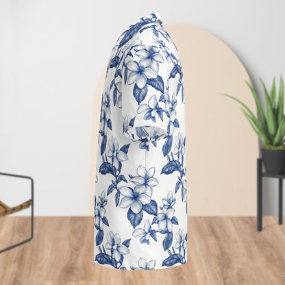Chemise de Festival Fleurie Blanche et Bleue | Boutonnée Unisexe