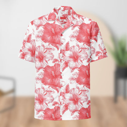 Chemise de festival fleurie blanc et rouge | Boutonnée unisexe