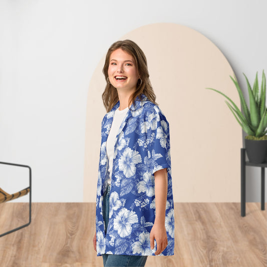 Chemise de festival florale monochrome bleue | Boutons unisexe