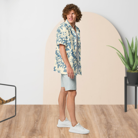 Chemise Boutonnée Festival Florale Crème et Bleue | Unisexe