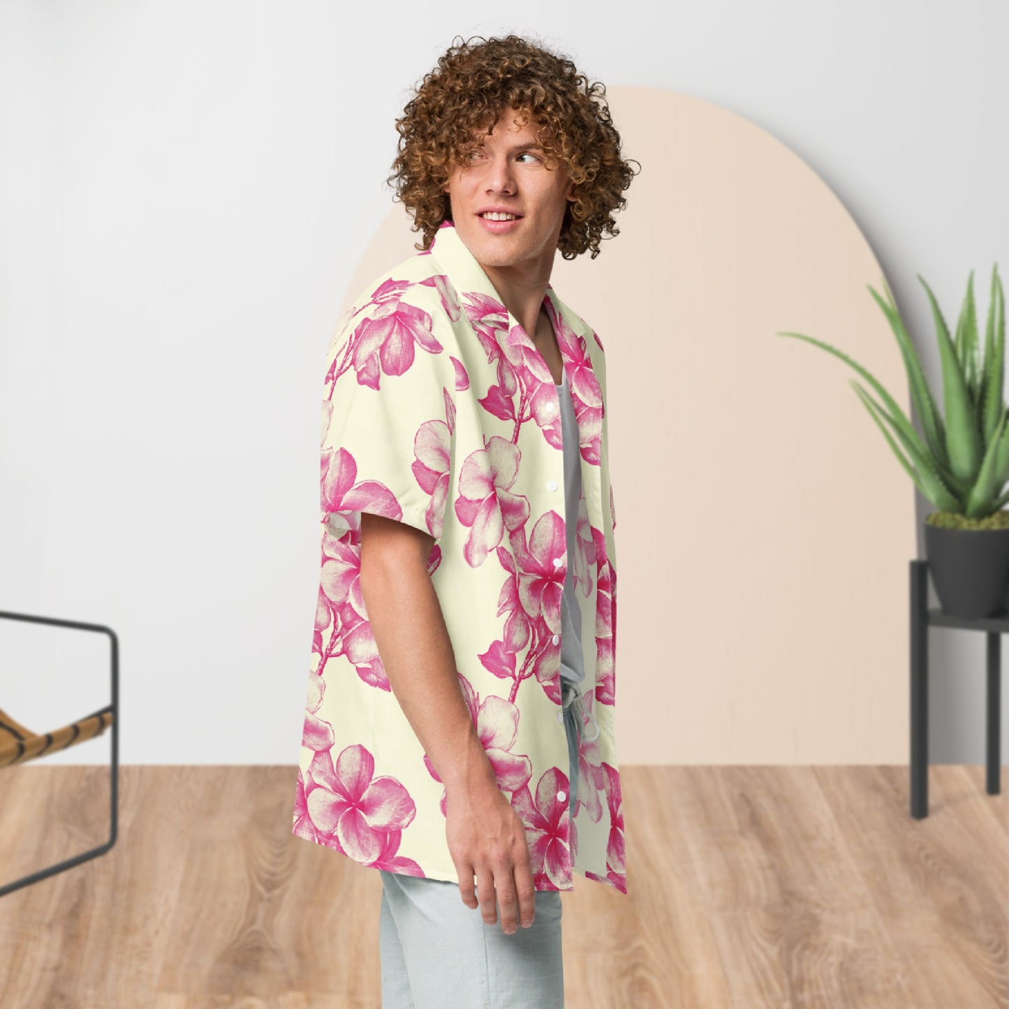 Chemise de festival florale monochrome crème et rose | Boutonnée unisexe