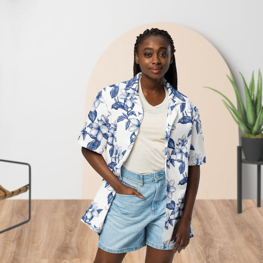 Chemise de Festival Fleurie Blanche et Bleue | Boutonnée Unisexe
