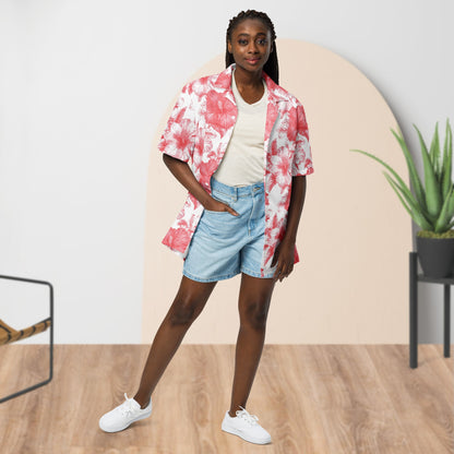 Chemise de festival fleurie blanc et rouge | Boutonnée unisexe