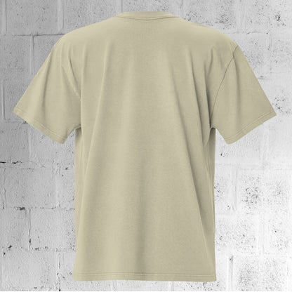 Back view of the UNCLASSD CORE Oversized Tee in faded eucalyptus sage showing dropped shoulders and oversized fit.

