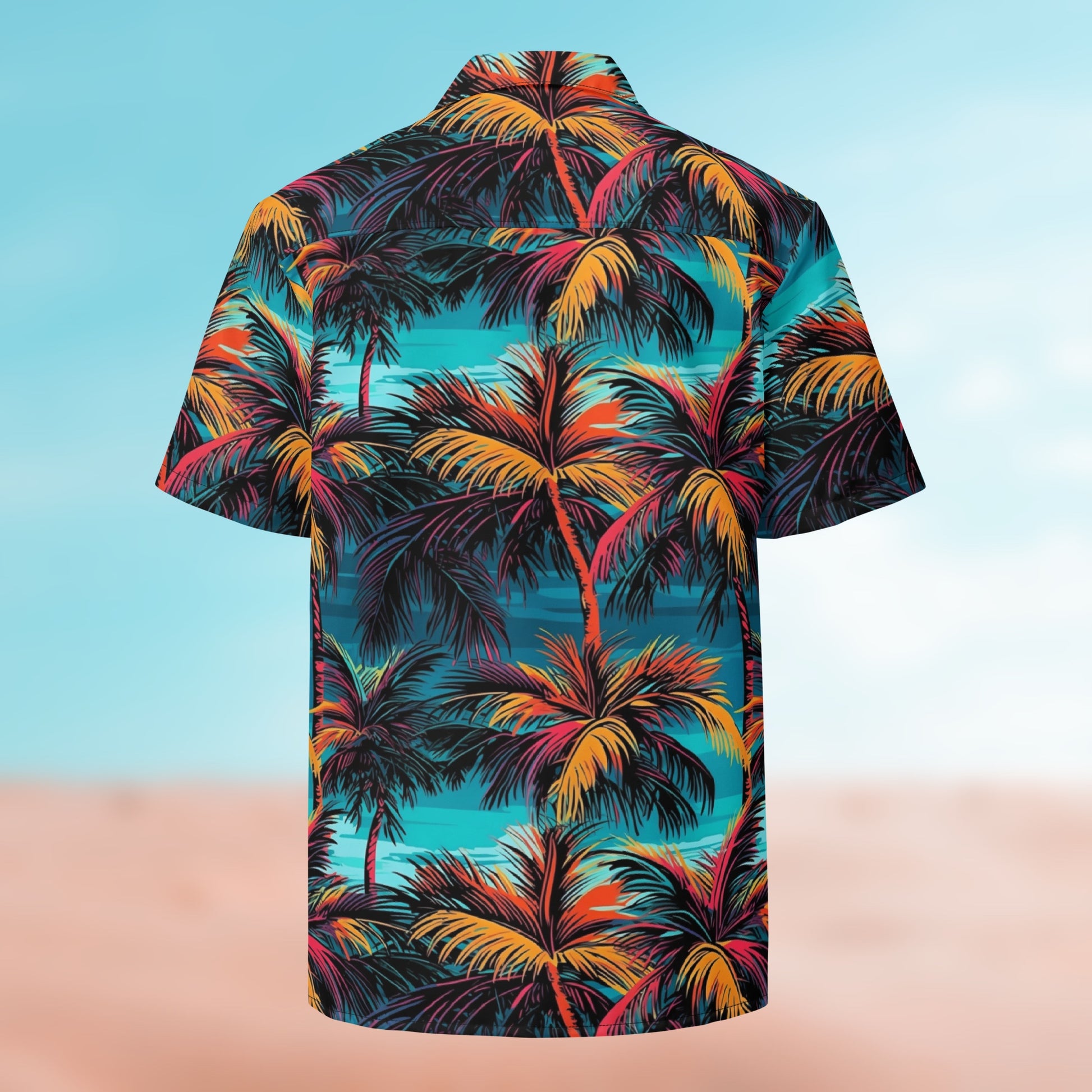 UNCLASSD Palm Button Shirt – Palm 02 colorway, worn open, back view