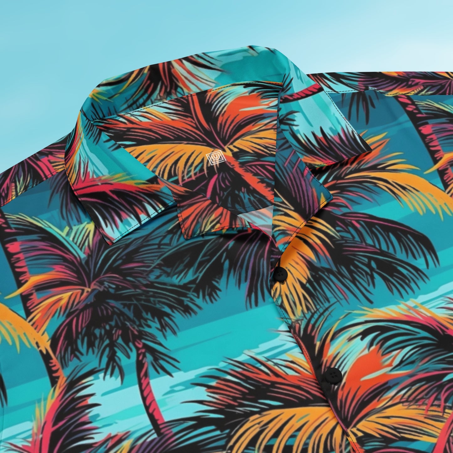 Palm Button Shirt print detail – Palm 02 colorway, seam-to-seam sublimation close-up