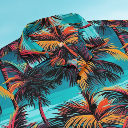 Palm Button Shirt print detail – Palm 02 colorway, seam-to-seam sublimation close-up