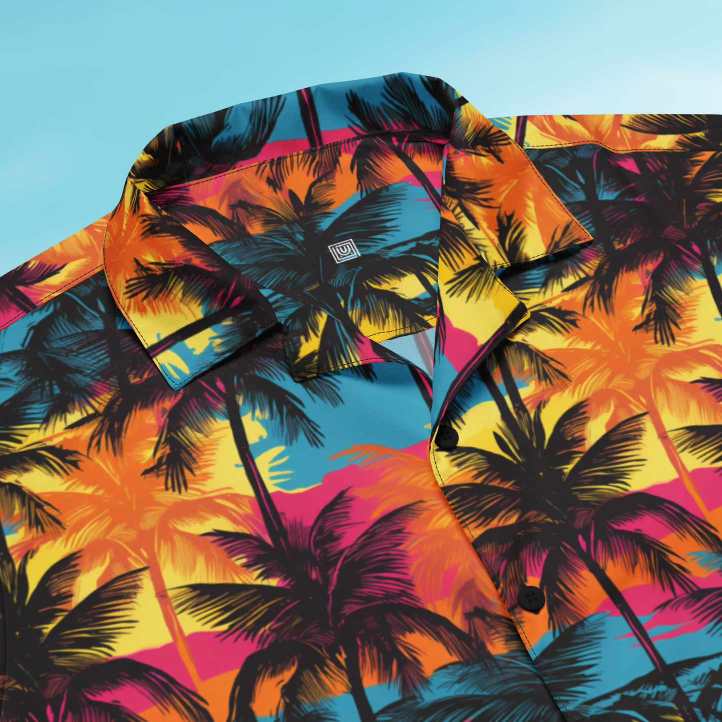 Palm Button Shirt print detail – Palm 03 colorway, seam-to-seam sublimation close-up
