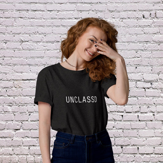 Female Model wearing UNCLASSD CORE Dark Grey Tee in studio training -front 