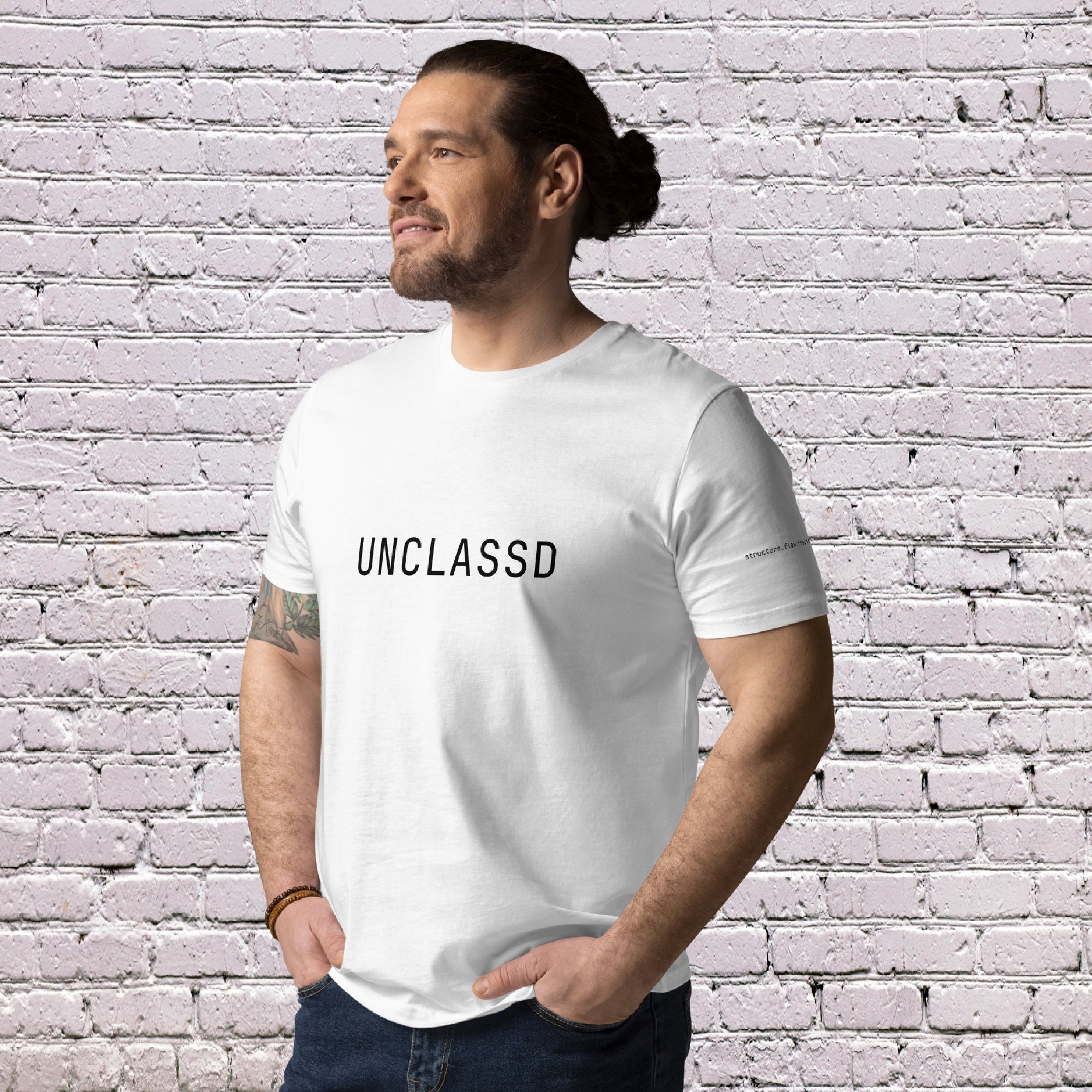 Male Model wearing UNCLASSD CORE Sand Tee during dance or rollerskate flow practice - face