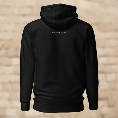 UNCLASSD CORE black hoodie back view MOVE FROM CENTER mantra high back