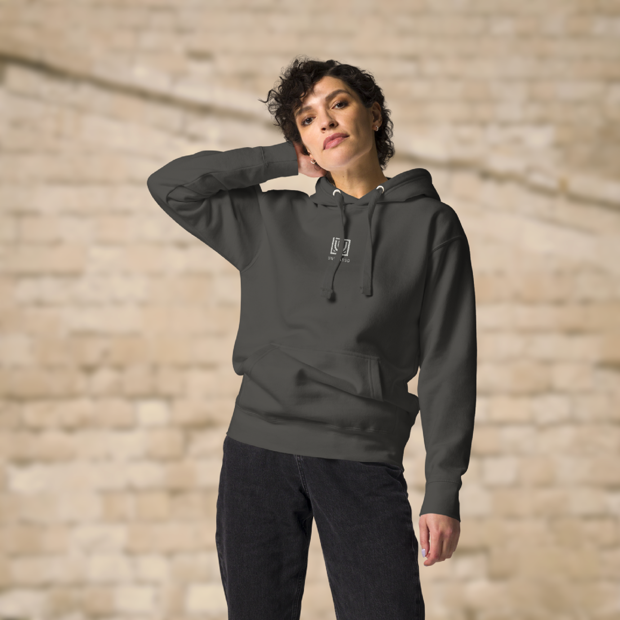 Vintage black CORE hoodie dancer warm-up rehearsal streetwear dancewear Model front