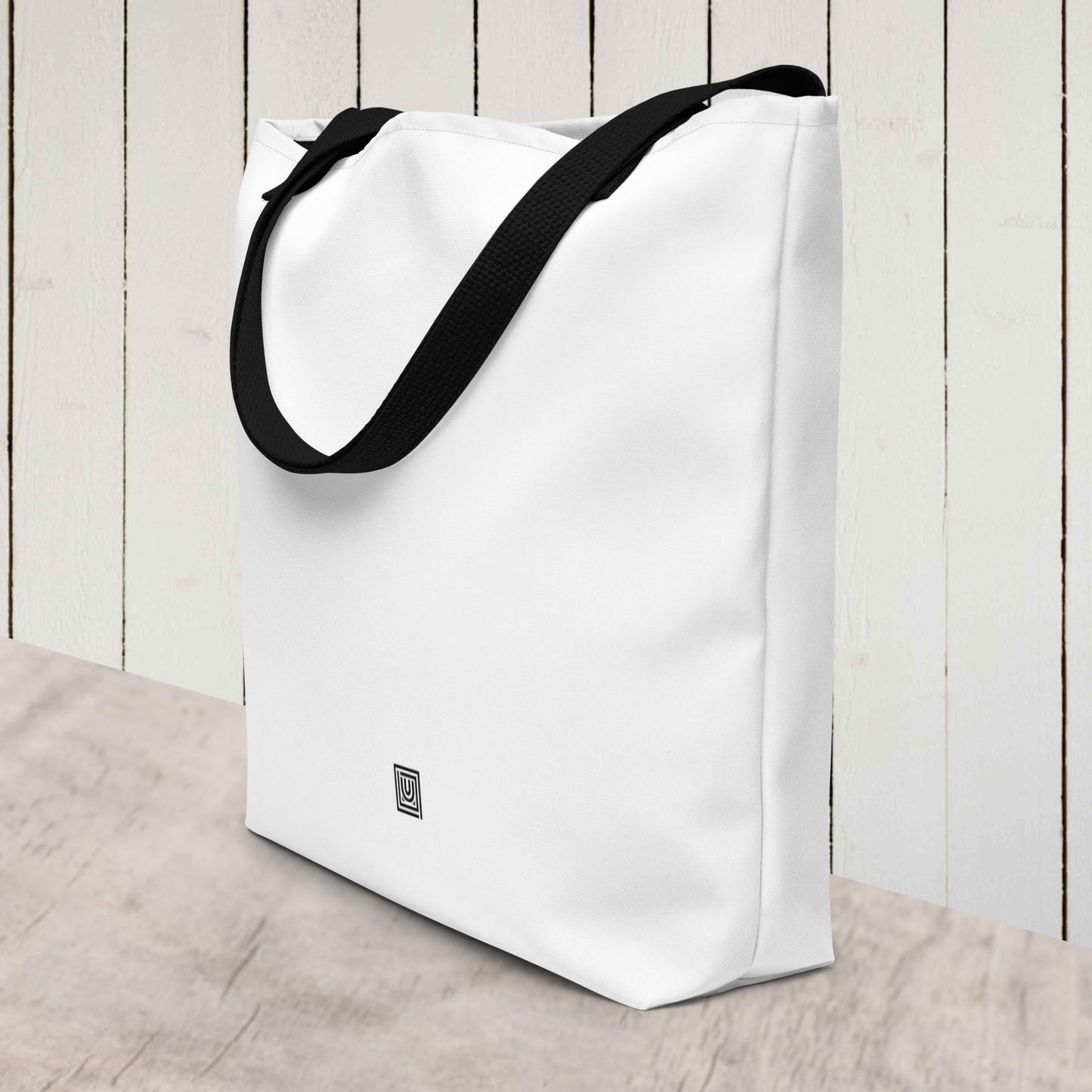 White tote bag with black handles front view dance studio accessories bag
