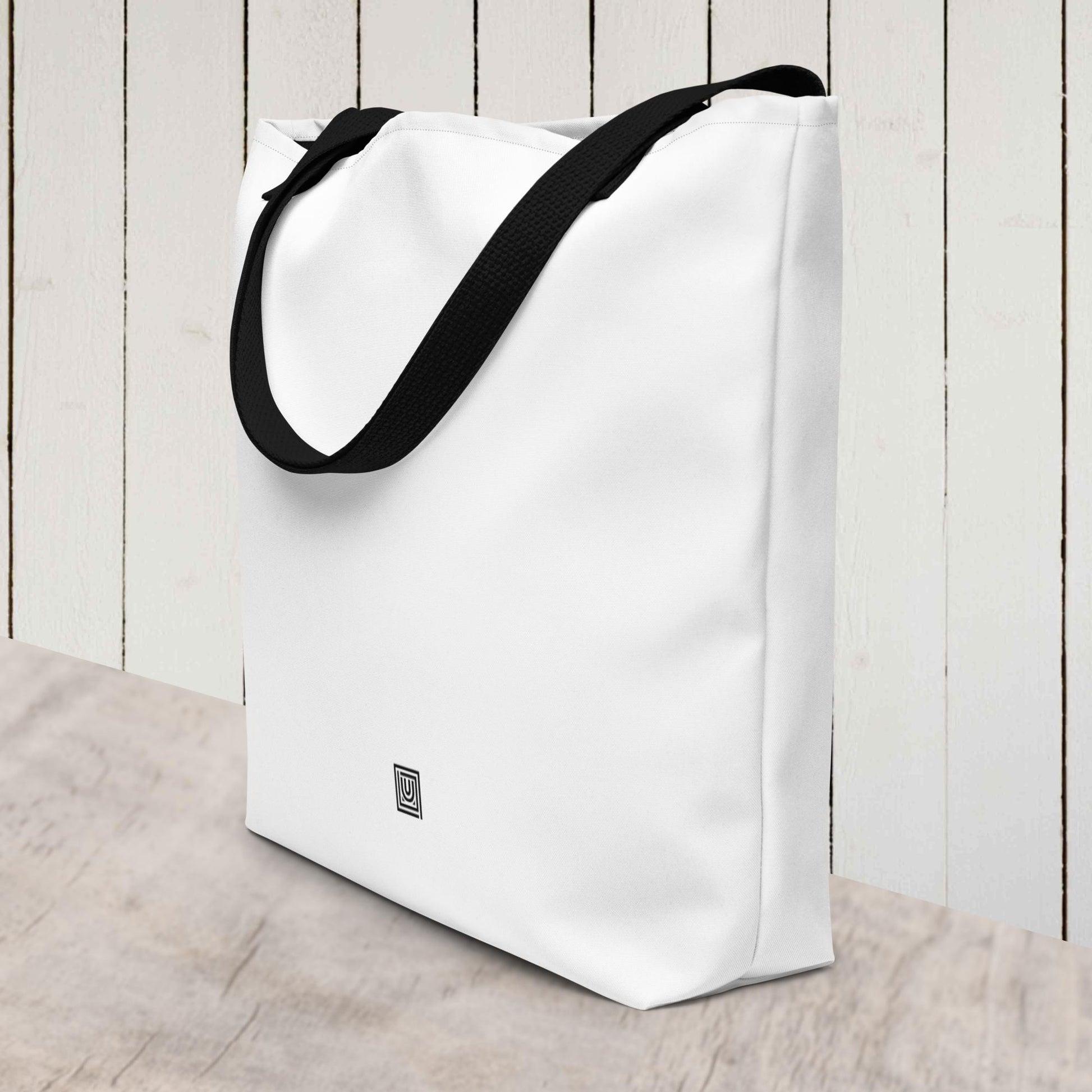 White tote bag with black handles front view dance studio accessories bag