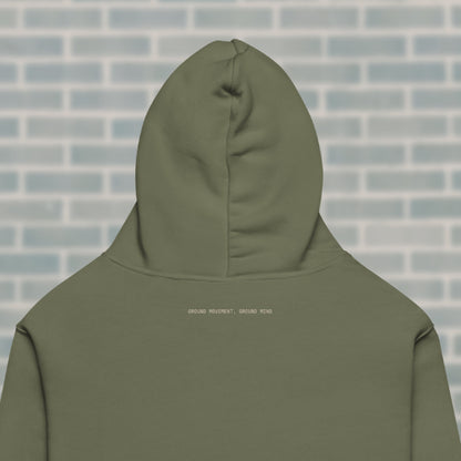 Close-up of the “GROUND MOVEMENT, GROUND MIND” mantra on the Cypress UNCLASSD Hoodie — earth-led guidance for dancers, rollerskaters, and mindful movers.

