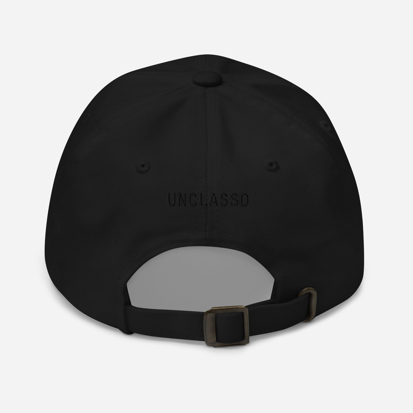 Black dad hat back view embroidered UNCLASSD wordmark