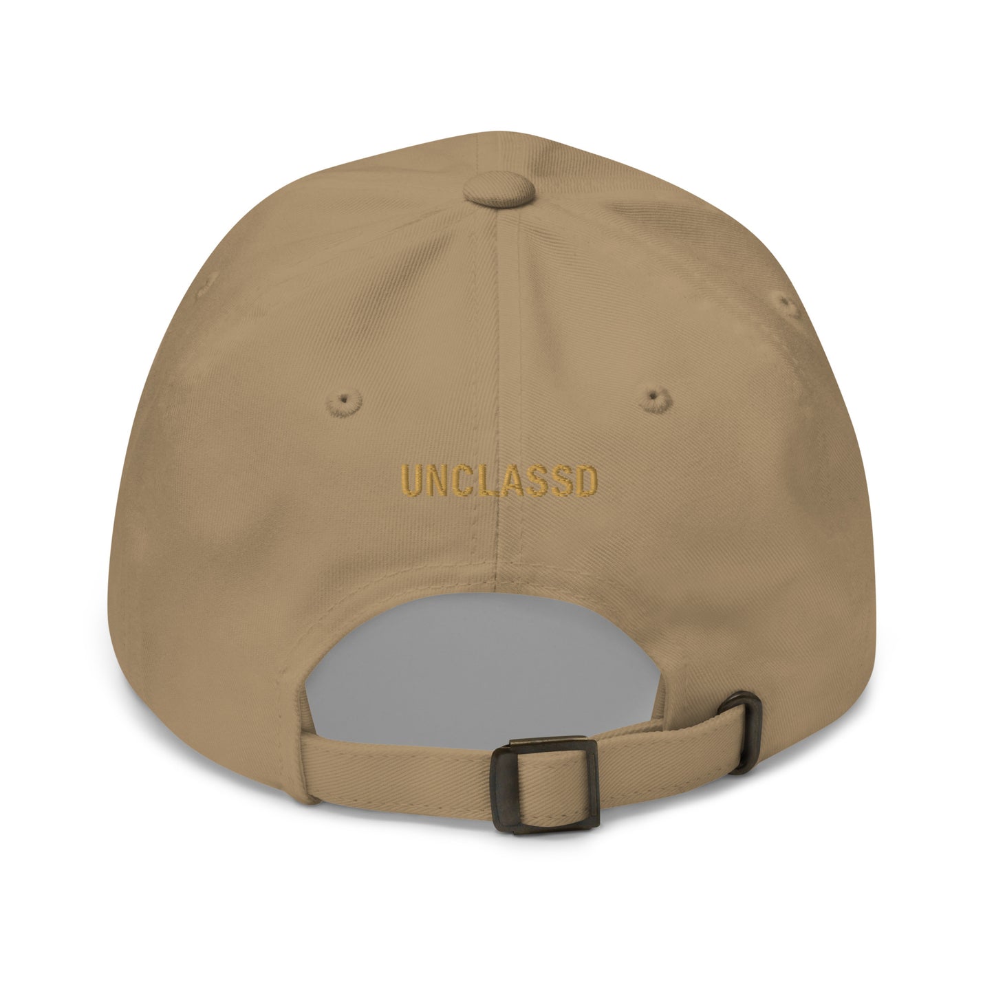 Khaki dad hat back view embroidered UNCLASSD wordmark