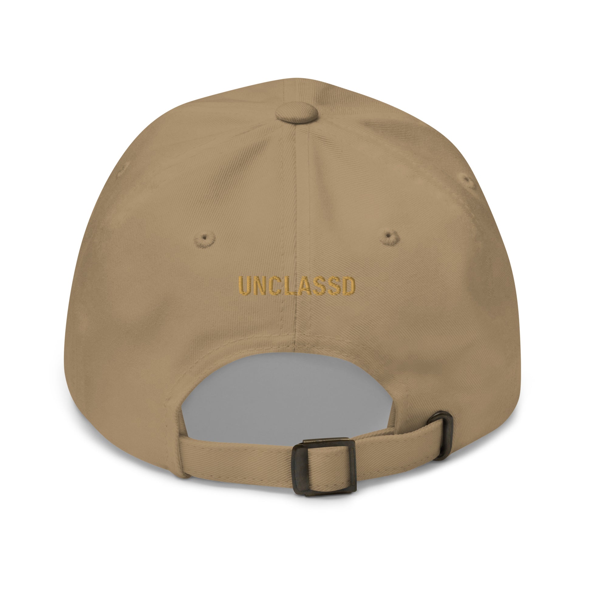 Khaki dad hat back view embroidered UNCLASSD wordmark