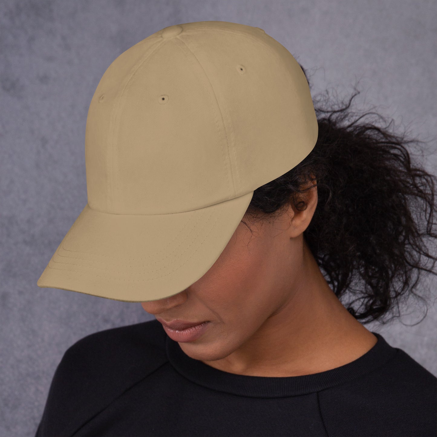 Female model Khaki dad hat side view silhouette UNCLASSD