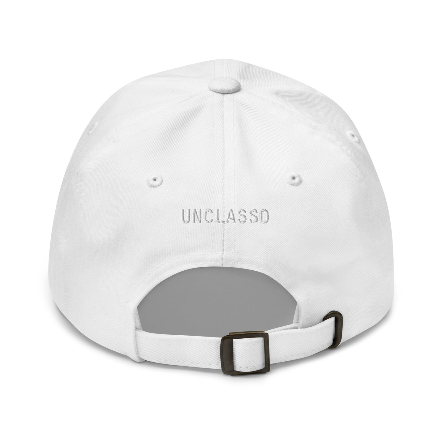 White dad hat back view embroidered UNCLASSD