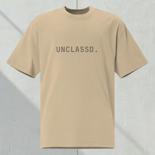 Front view of the UNCLASSD CORE Oversized Tee, heavyweight 240gsm cotton, tonal chest print, boxy silhouette