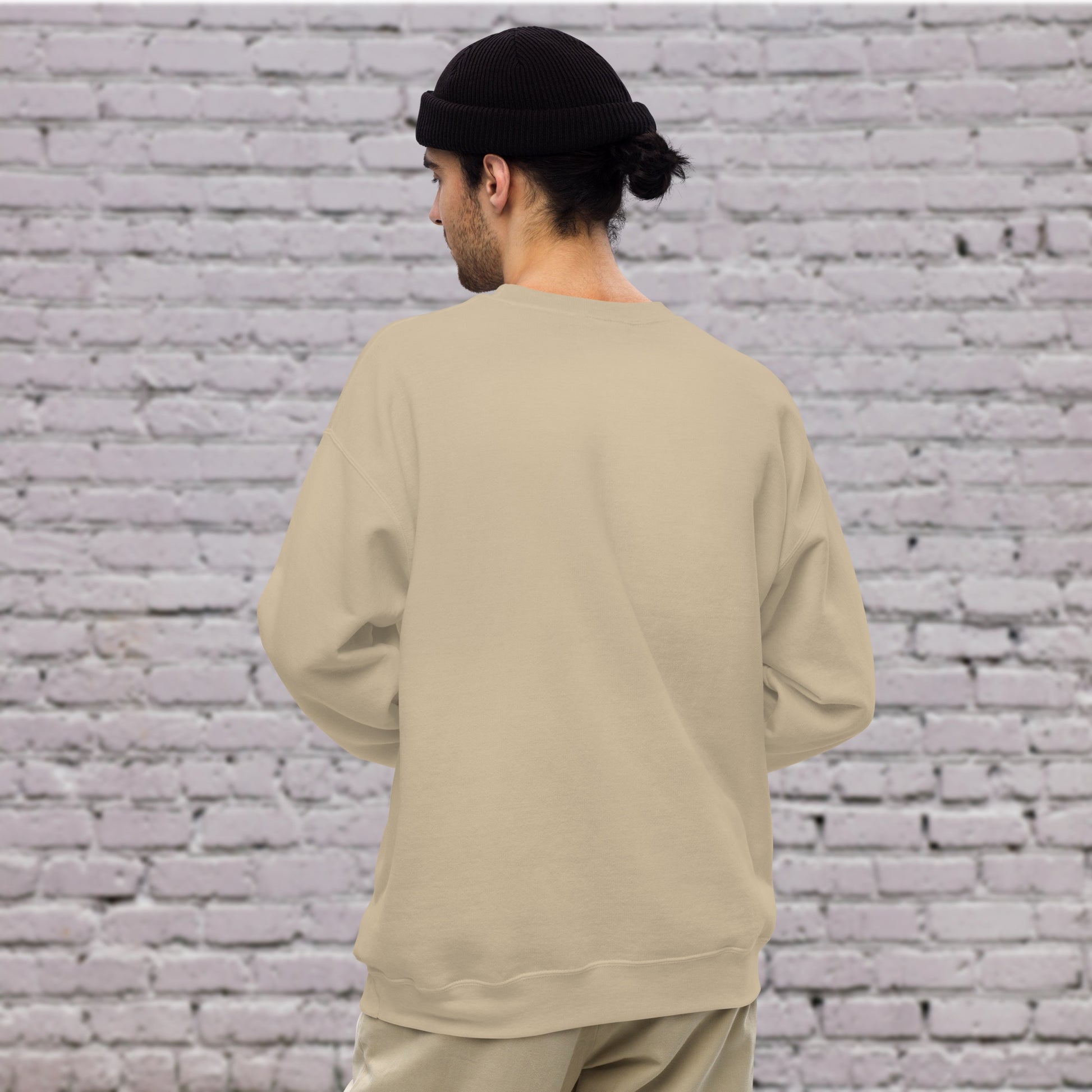 Model wearing CORE Sand Crewneck for dance or flow practice Back