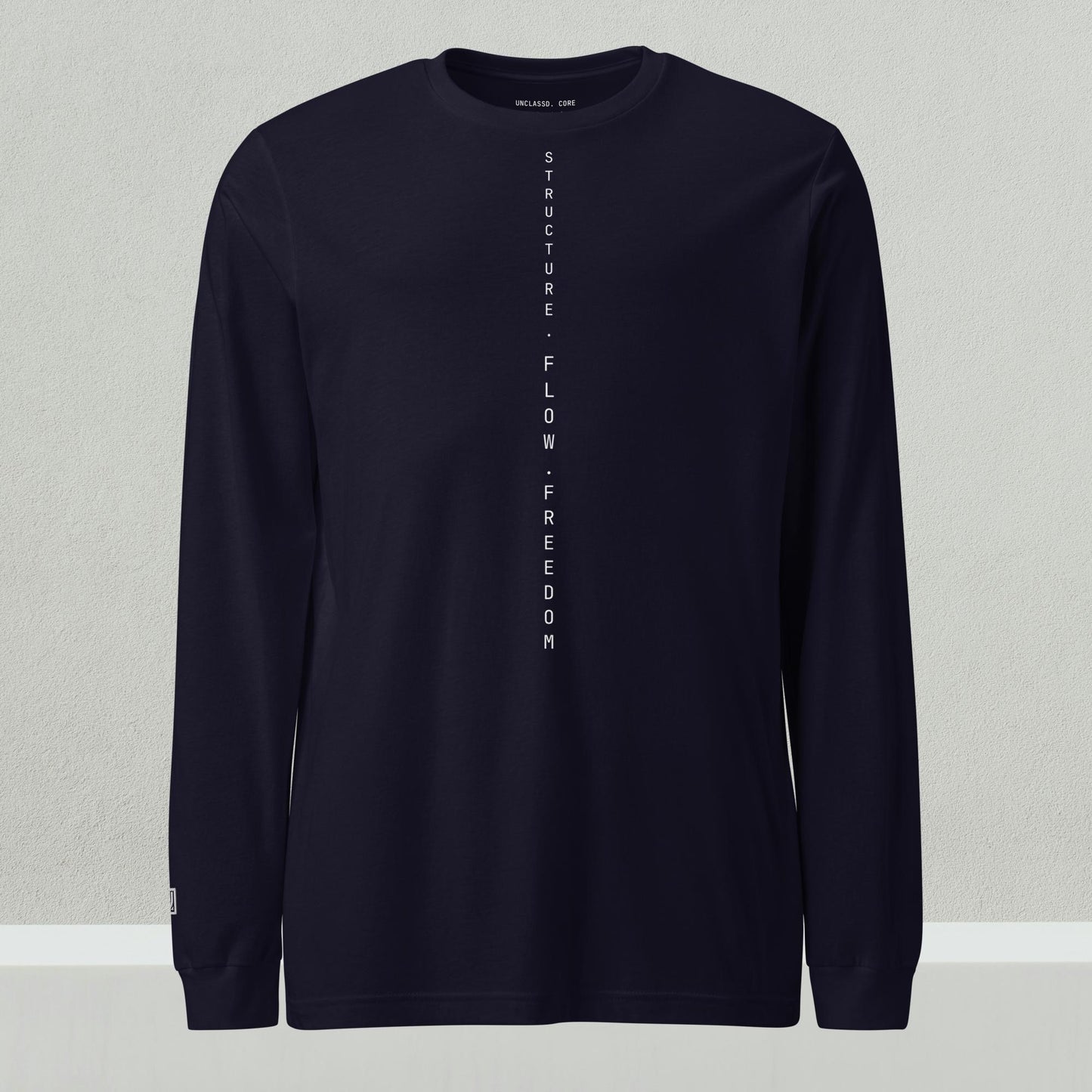 UNCLASSD Navy Long Sleeve for dancers — Structure Flow Freedom vertical print