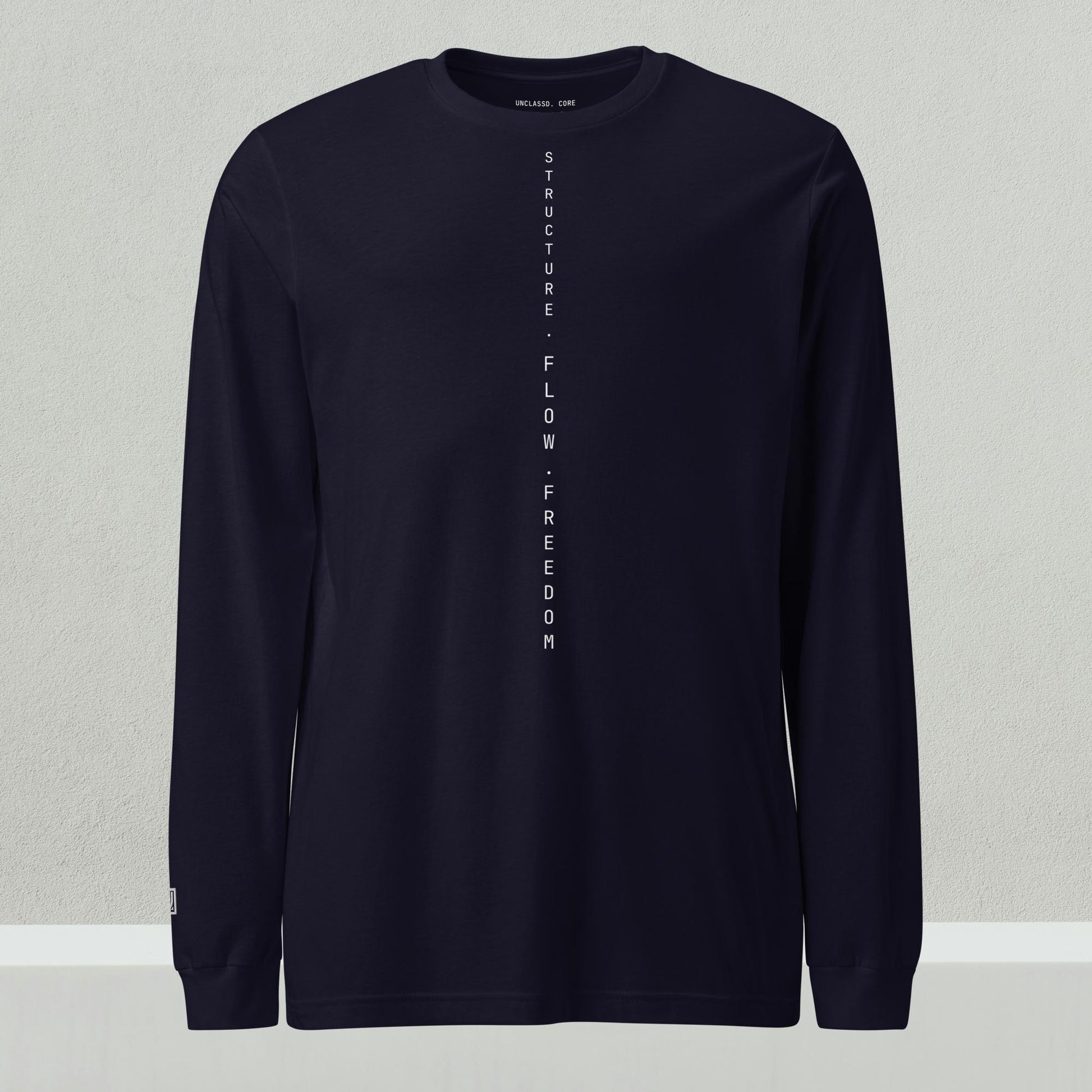 UNCLASSD Navy Long Sleeve for dancers — Structure Flow Freedom vertical print