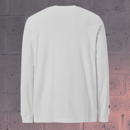 Minimal white long sleeve with vertical mantra Structure Flow Freedom - back 