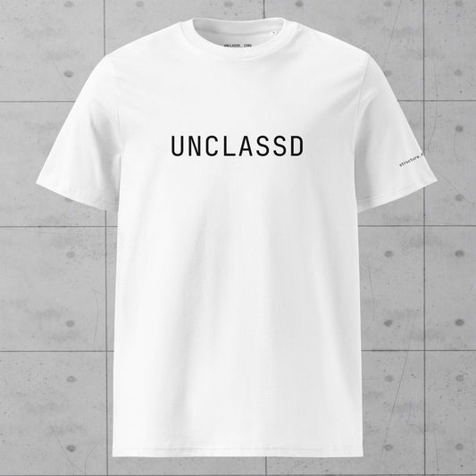 Front view of UNCLASSD CORE White Organic Tee for dancers and modern movers